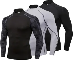 LANBAOSI 3 Pack Mens Mock Turtleneck Compression Shirts Long Sleeve Sun Protection Shirts Cooling Workout Gym Tops Undershirt