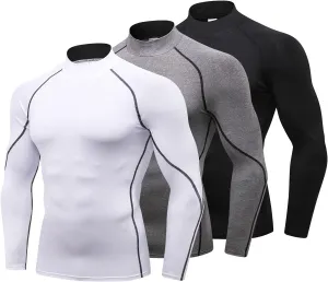 LANBAOSI 3 Pack Mens Mock Turtleneck Compression Shirts Long Sleeve Sun Protection Shirts Cooling Workout Gym Tops Undershirt