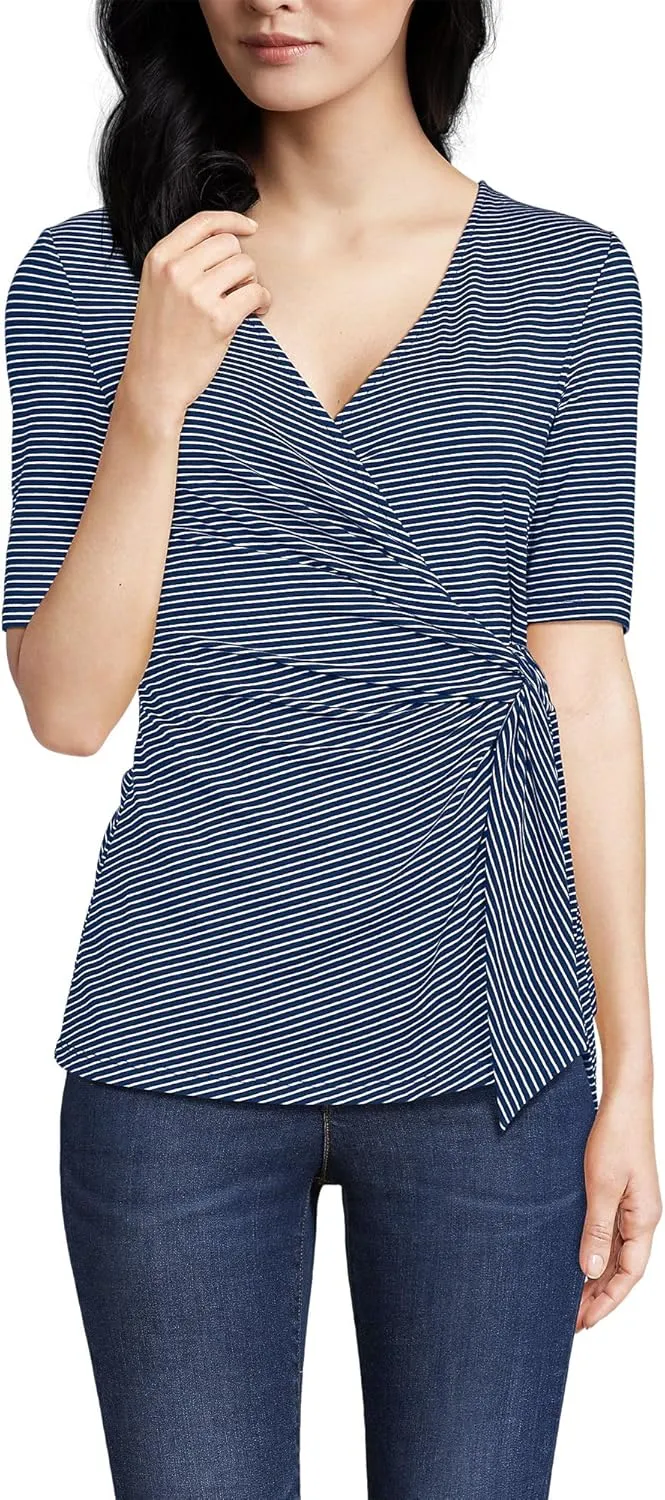 Lands' End Women's Elbow Sleeve Lightweight Jersey Side Tie Blouse
