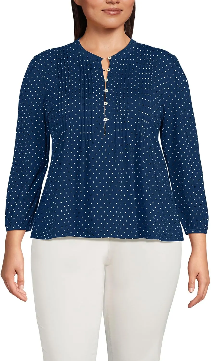 Lands' End Women's Lightweight Jersey Button Pintuck Top
