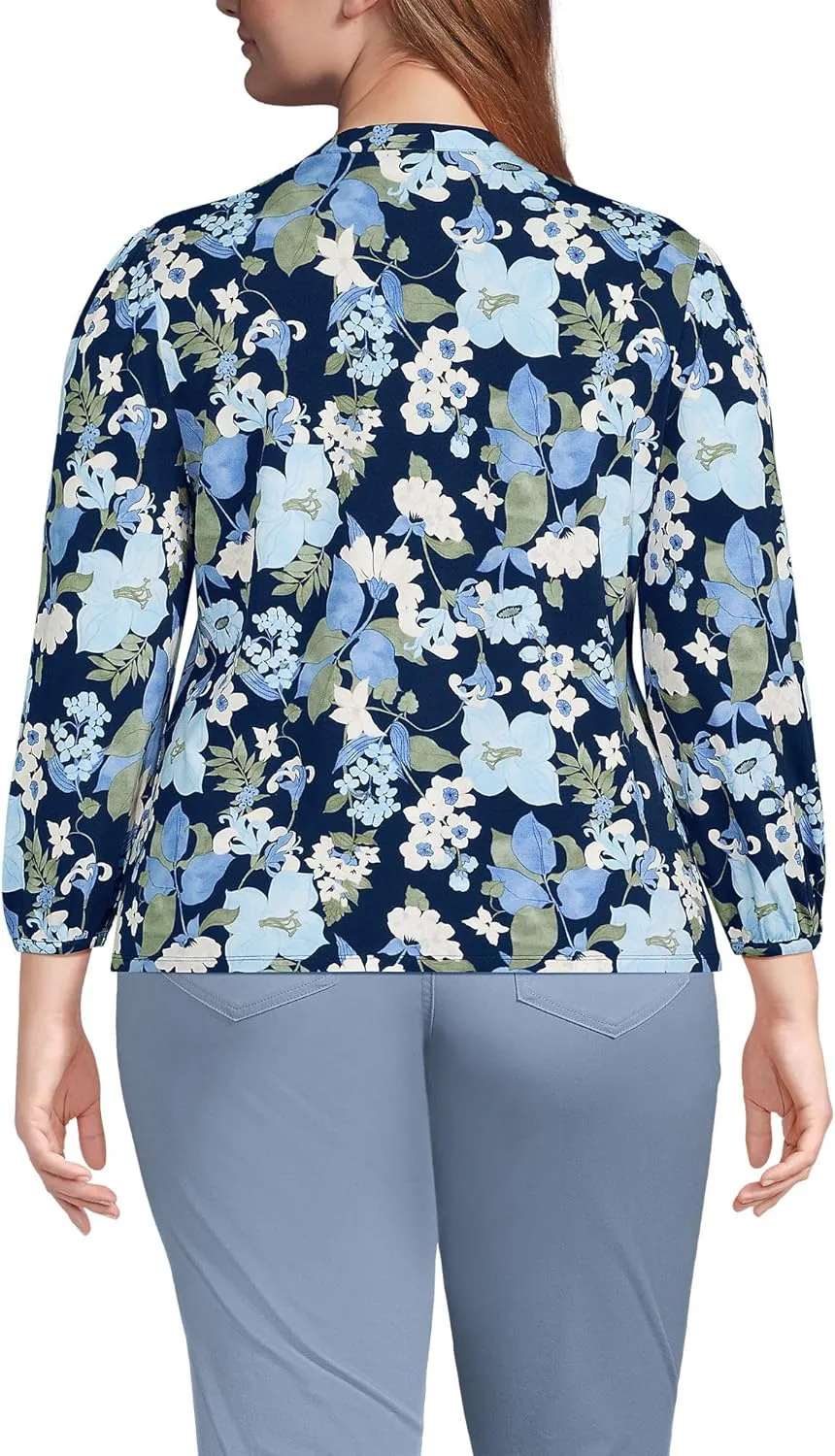 Lands' End Women's Lightweight Jersey Button Pintuck Top