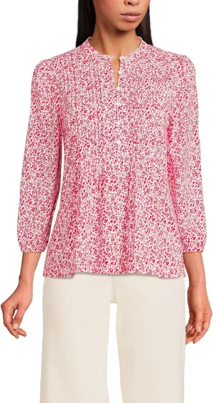 Lands' End Women's Lightweight Jersey Button Pintuck Top