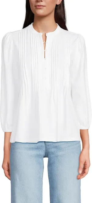 Lands' End Women's Lightweight Jersey Button Pintuck Top
