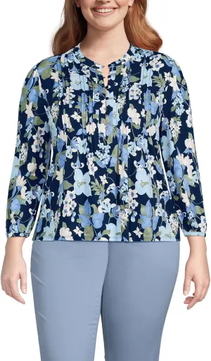 Lands' End Women's Lightweight Jersey Button Pintuck Top