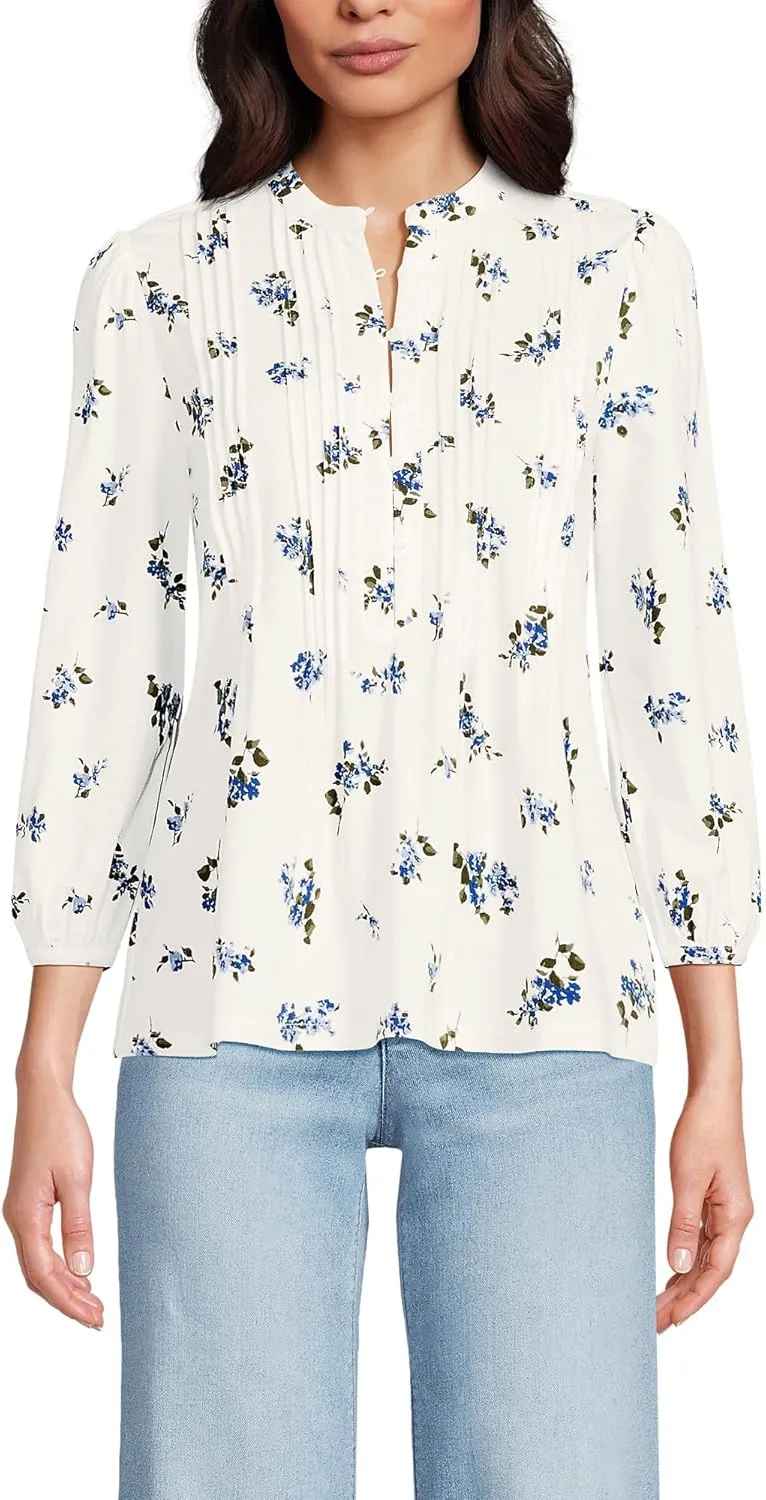 Lands' End Women's Lightweight Jersey Button Pintuck Top