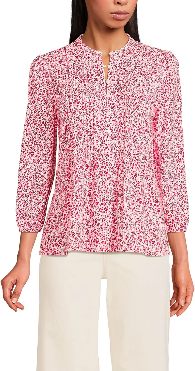 Lands' End Women's Lightweight Jersey Button Pintuck Top