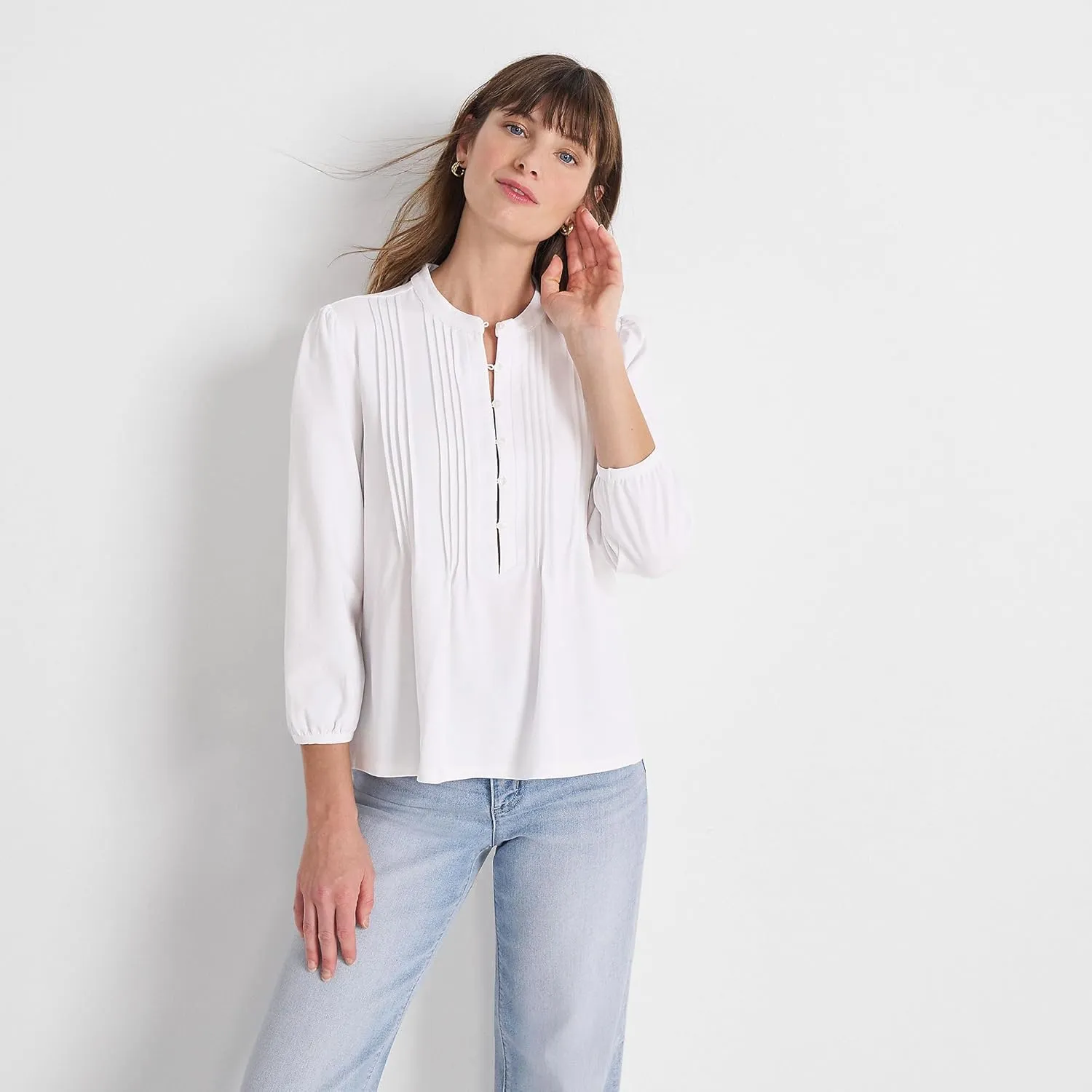 Lands' End Women's Lightweight Jersey Button Pintuck Top