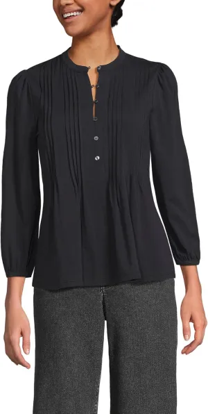 Lands' End Women's Lightweight Jersey Button Pintuck Top