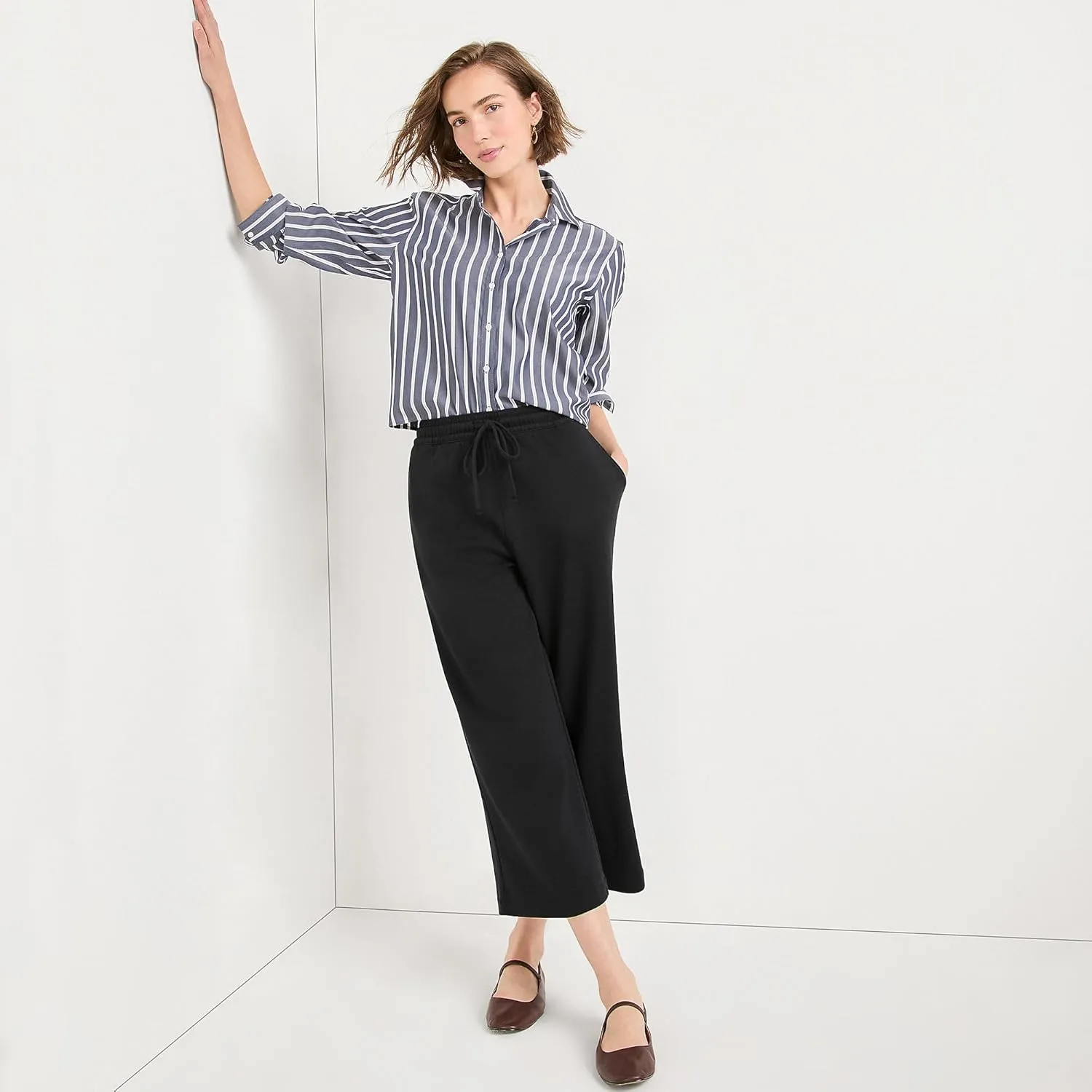 Lands' End Women's Sport Knit Pull On Drawstring Wide Leg Crop Pants