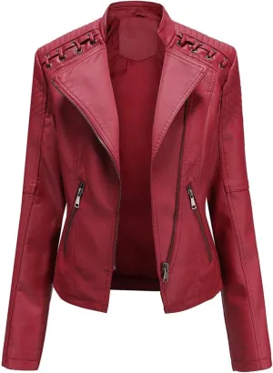 LCMTWX Leather Jacket Full Zip Snap Stand Collar Long Sleeve Outwear Cool Slim Jacket Coat for Vacation Brown Jacket Biker