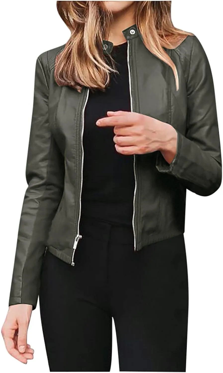 LCMTWX Leather Jacket Full Zip Snap Stand Collar Long Sleeve Outwear Cool Slim Jacket Coat for Vacation Brown Jacket Biker