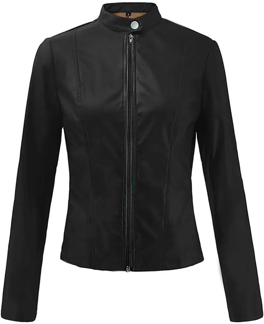 LCMTWX Womens Faux Leather Long Sleeve Jackets Collar Long Sleeve Outwear Cool Slim Jacket Coat for Plus Size Moto Biker