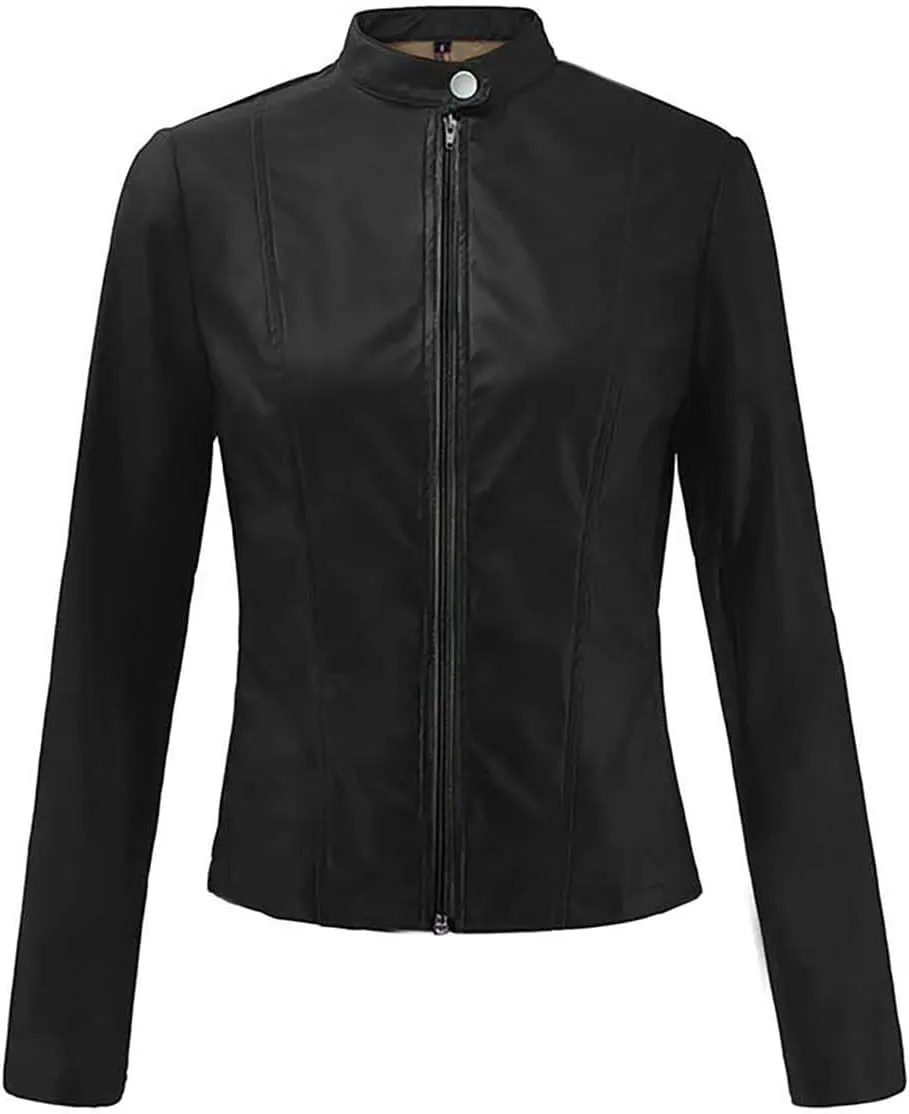 LCMTWX Womens Faux Leather Long Sleeve Jackets Collar Long Sleeve Outwear Cool Slim Jacket Coat for Plus Size Moto Biker