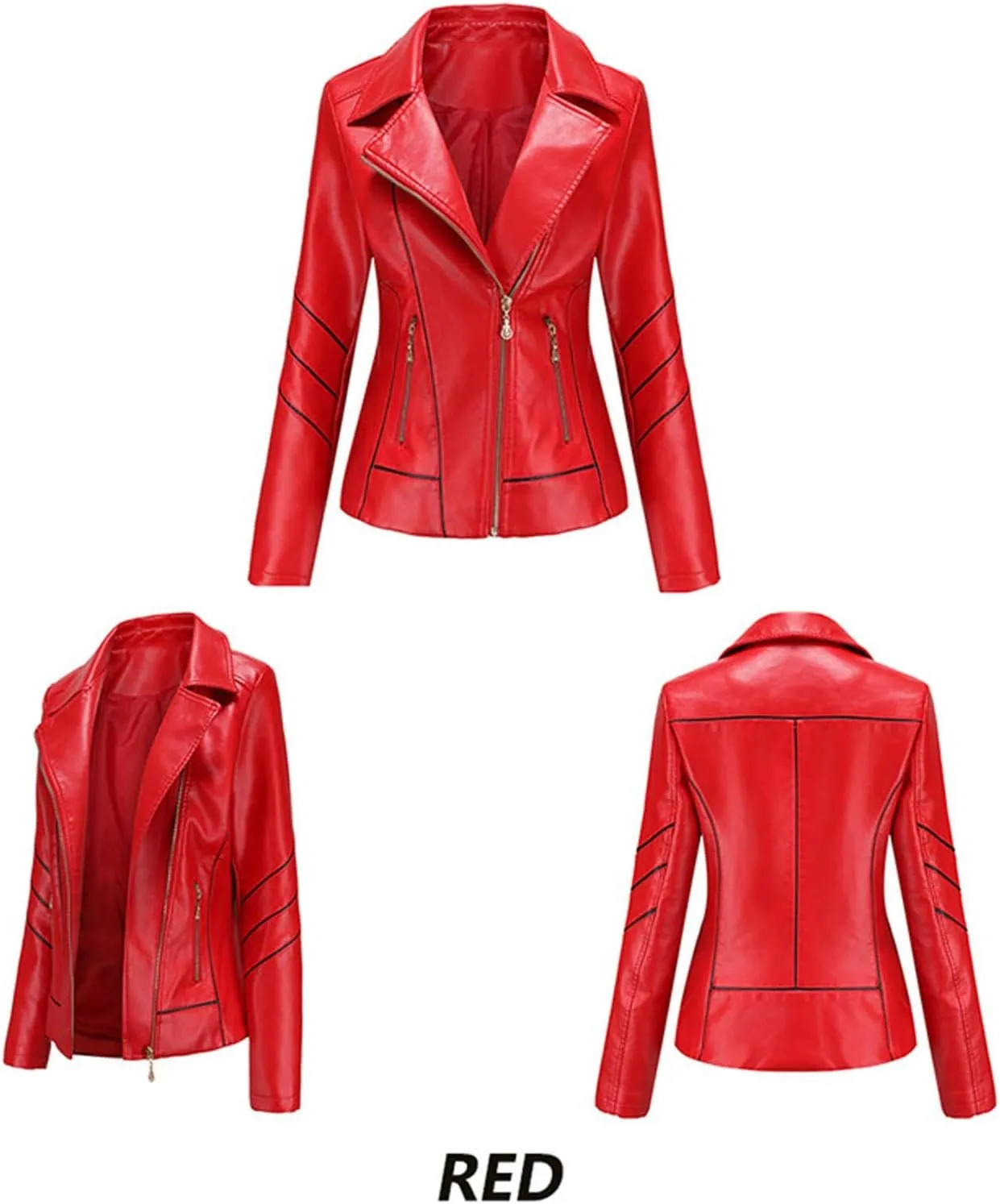 LCMTWX Womens Faux Leather Zip Up Moto Biker Jacket Long Sleeve Outwear Cool Slim Jacket Coat for Vacation Slim Lapel Women