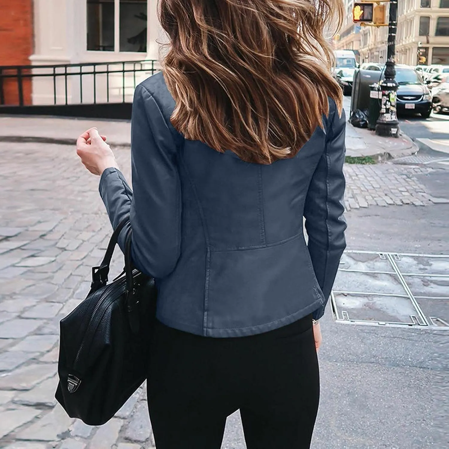 LCMTWX Womens Faux Leather Zip Up Moto Biker Jacket Long Sleeve Outwear Cool Slim Jacket Coat for Vacation Slim Lapel Women