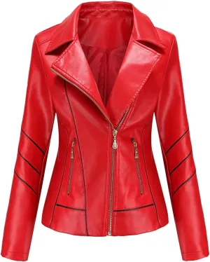 LCMTWX Womens Faux Leather Zip Up Moto Biker Jacket Long Sleeve Outwear Cool Slim Jacket Coat for Vacation Slim Lapel Women
