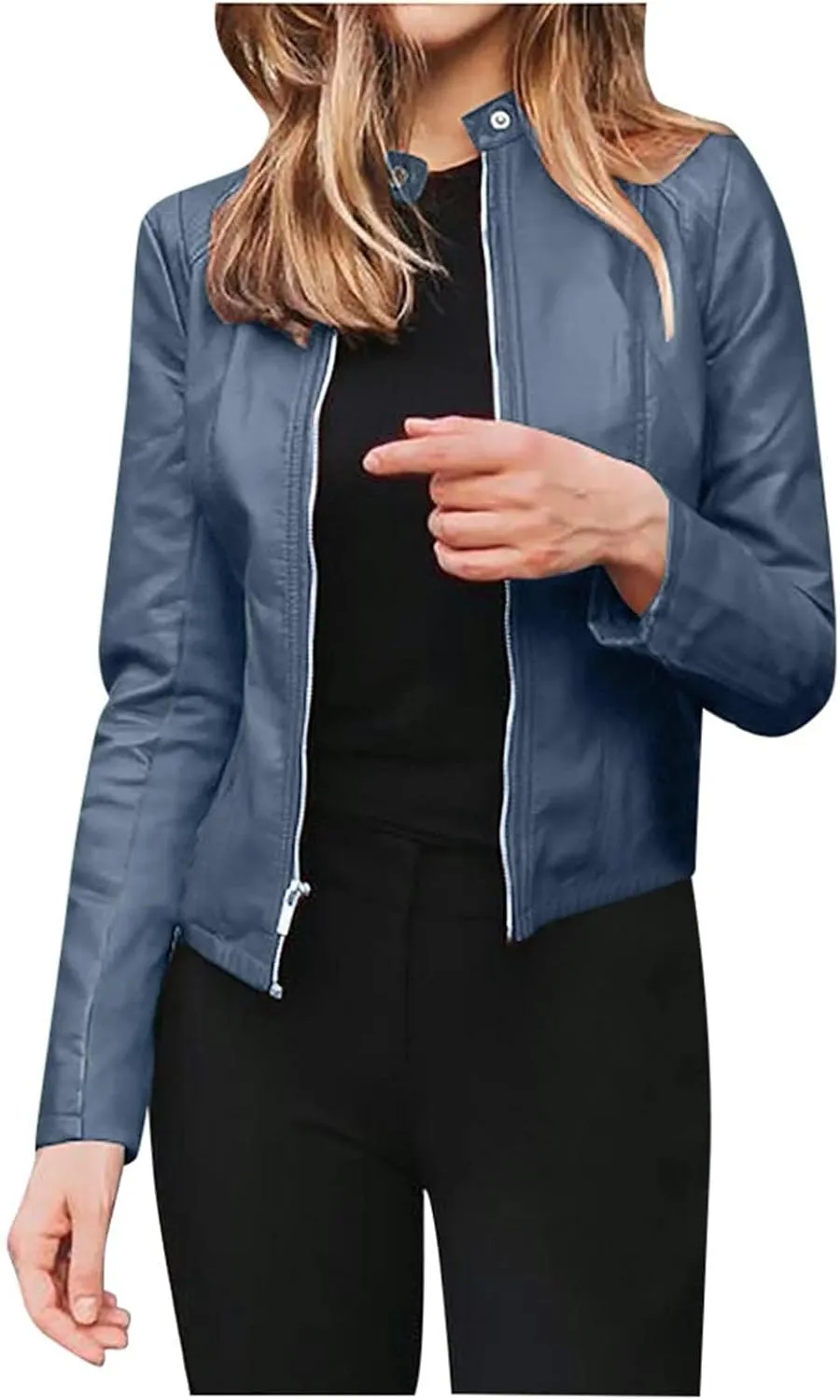 LCMTWX Womens Faux Leather Zip Up Moto Biker Jacket Long Sleeve Outwear Cool Slim Jacket Coat for Vacation Slim Lapel Women