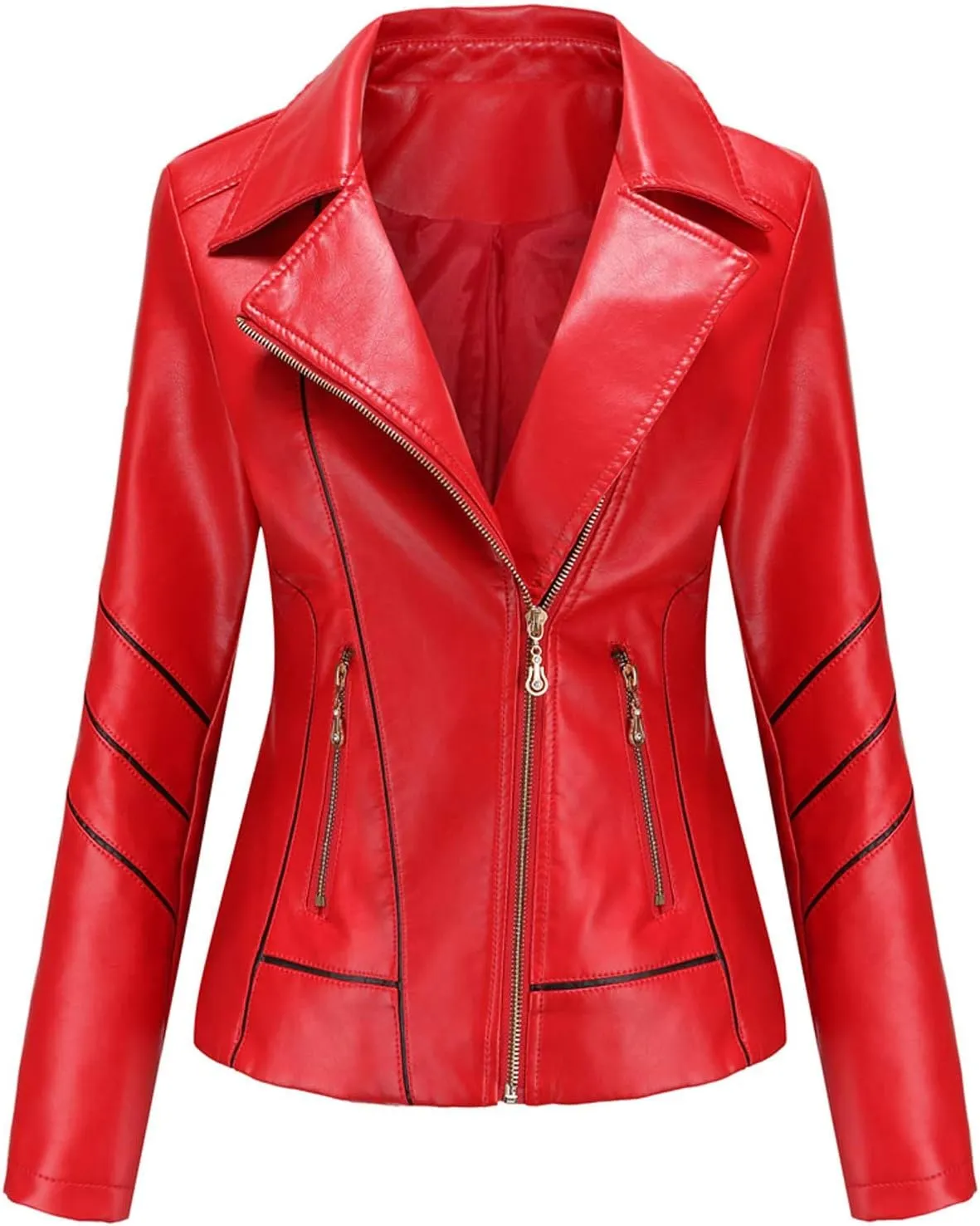LCMTWX Womens Faux Leather Zip Up Moto Biker Jacket Long Sleeve Outwear Cool Slim Jacket Coat for Vacation Slim Lapel Women