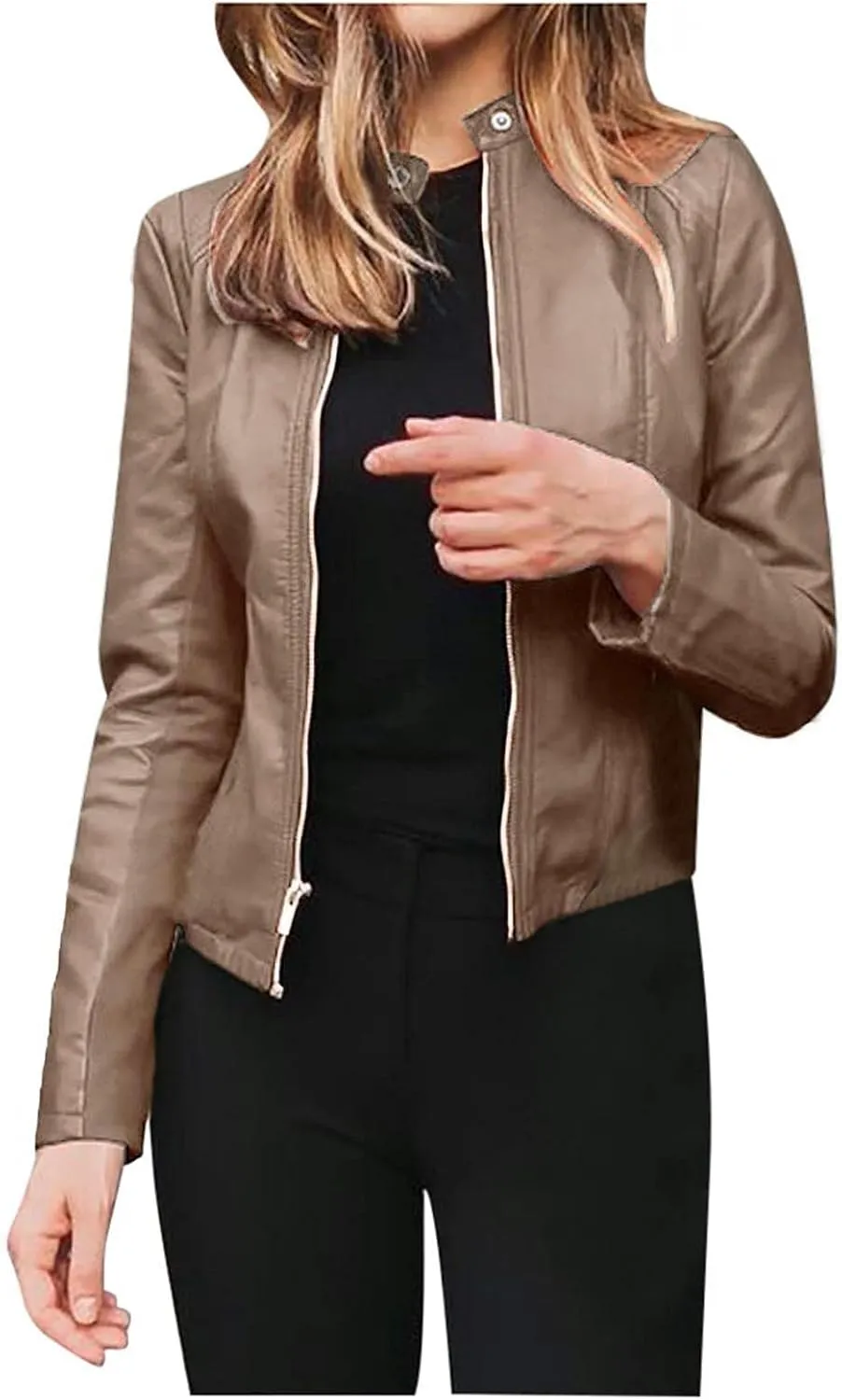 LCMTWX Womens Jacket Solid Full Zip Snap Stand Collar Long Sleeve Cardigan Slim Jacket Coat for Vacation Motorcycle Red