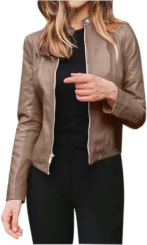 LCMTWX Womens Jacket Solid Full Zip Snap Stand Collar Long Sleeve Cardigan Slim Jacket Coat for Vacation Motorcycle Red