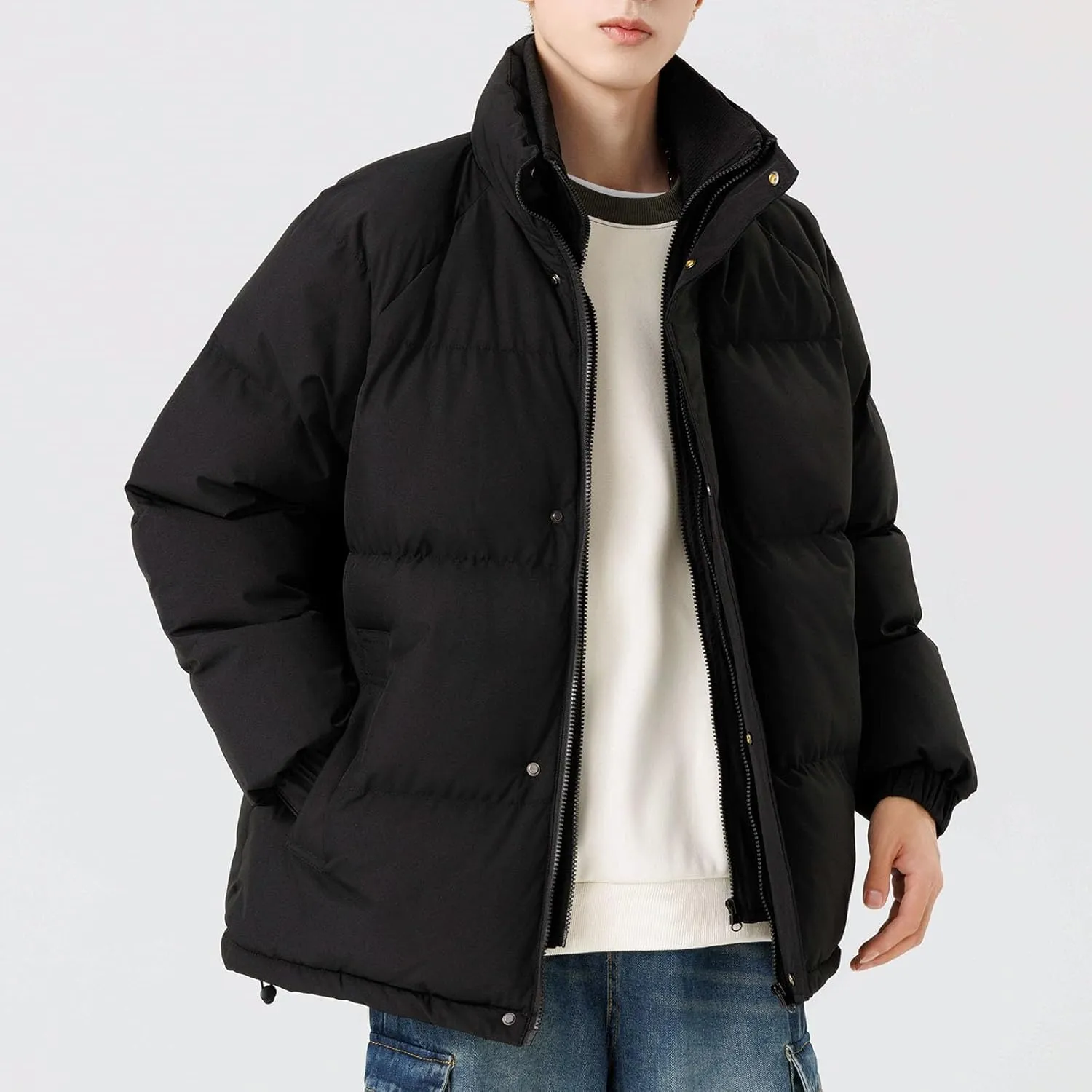 lcziwo Mens Oversized Winter Puffer Jacket Double Zipper Stand Collar Warm Quilted Coat Thick Outdoor Cotton-Padded Jacket