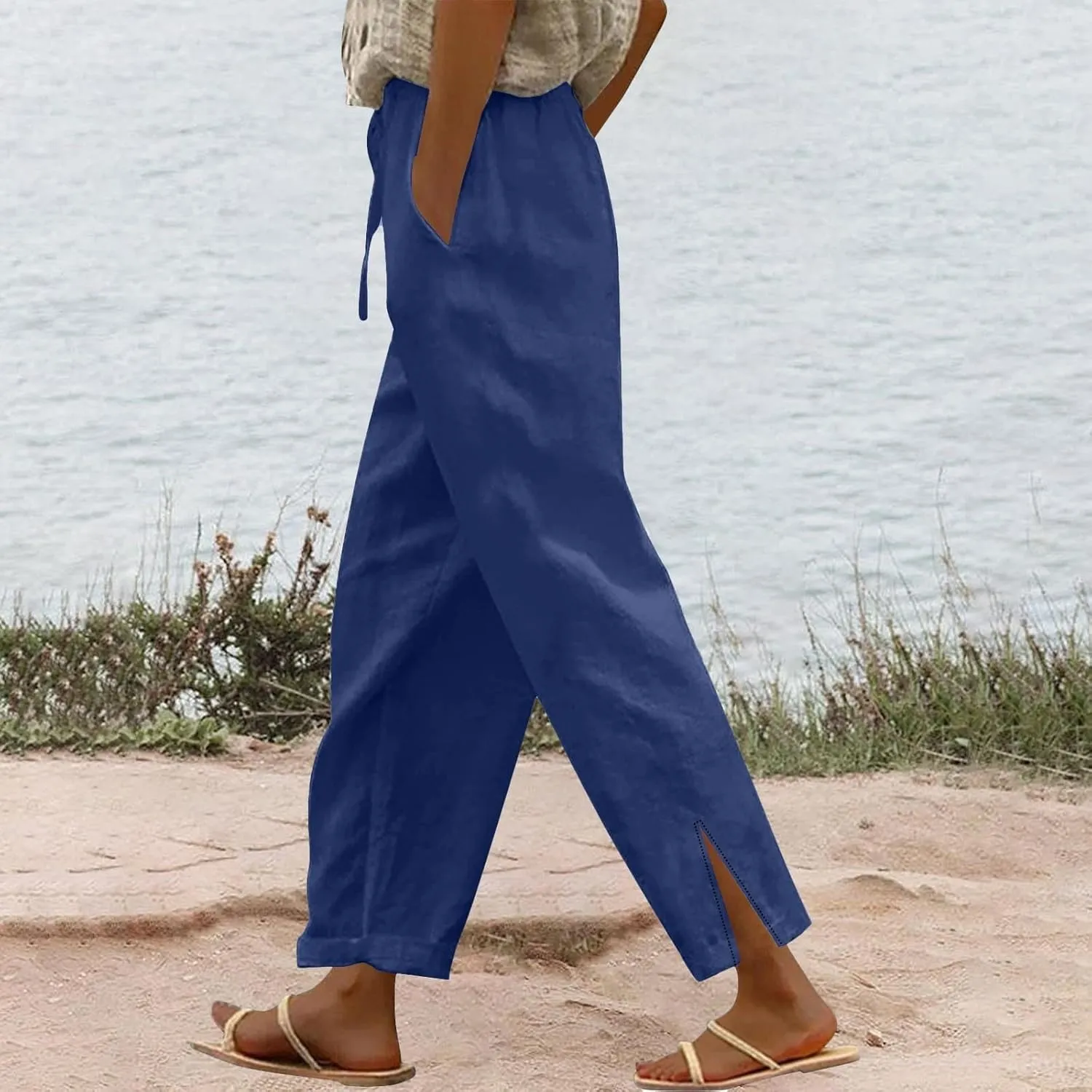Lightweight Casual Linen Pants for Women Summer Stretchy Drawstring Hem Ankle Trousers Travel Beach Home Casual Pants