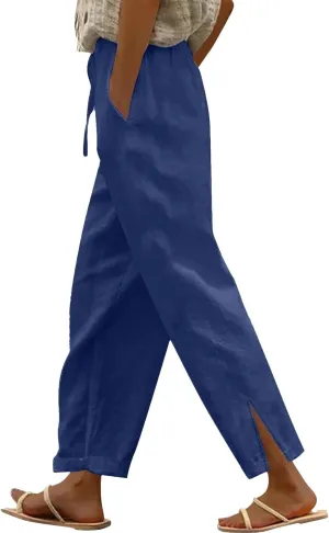 Lightweight Casual Linen Pants for Women Summer Stretchy Drawstring Hem Ankle Trousers Travel Beach Home Casual Pants