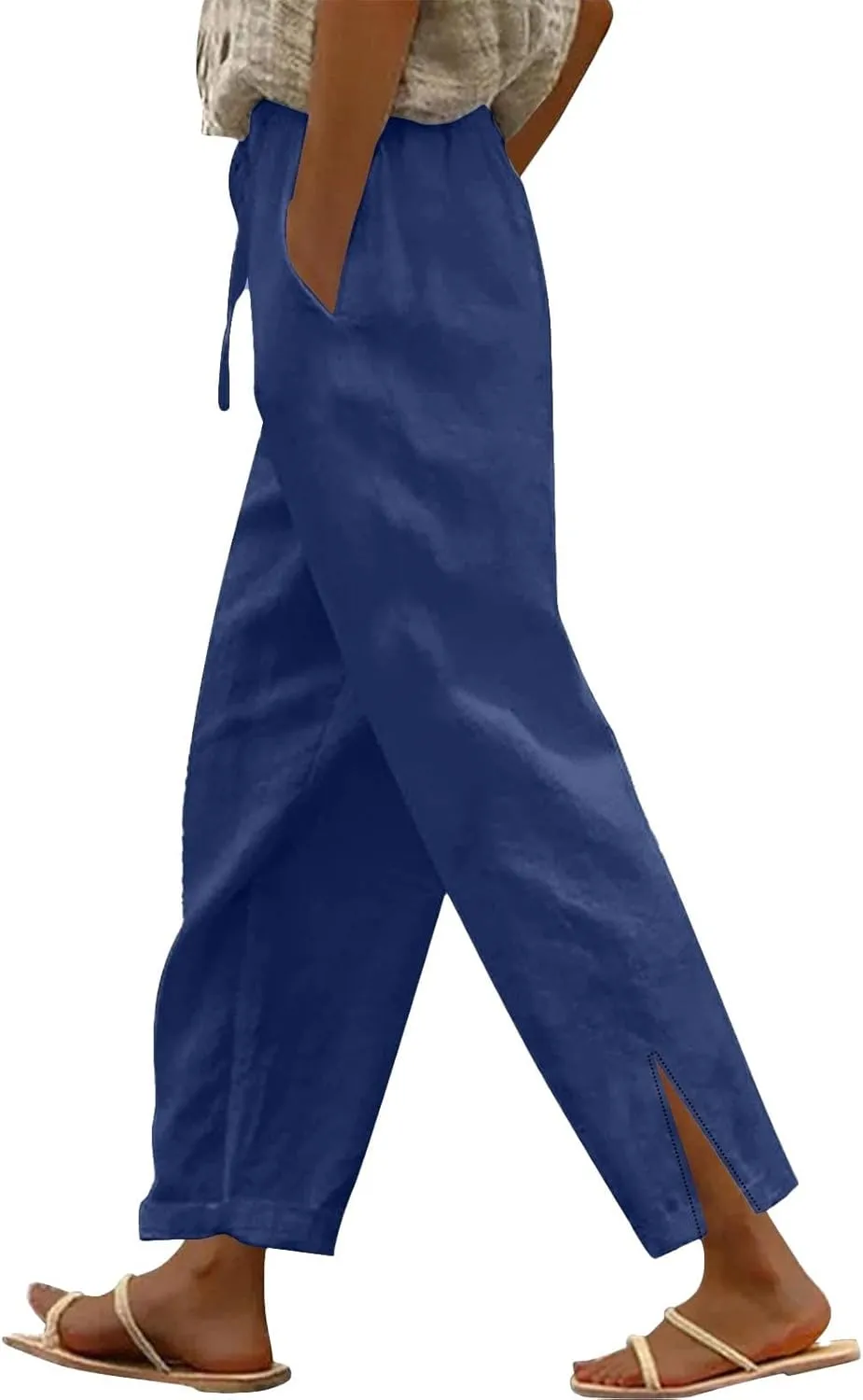 Lightweight Casual Linen Pants for Women Summer Stretchy Drawstring Hem Ankle Trousers Travel Beach Home Casual Pants
