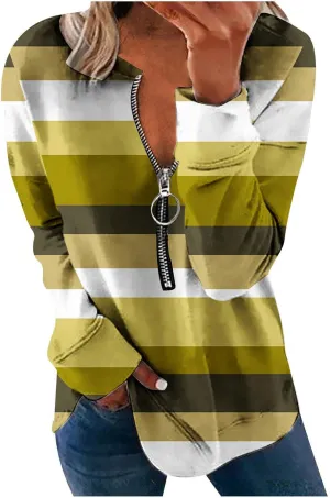 Lightweight Zip Up Hoodie For Women Trendy 2023 Fall Striped Print Tunic Tops Quarter Zip Casual Pullover Sweatshirt