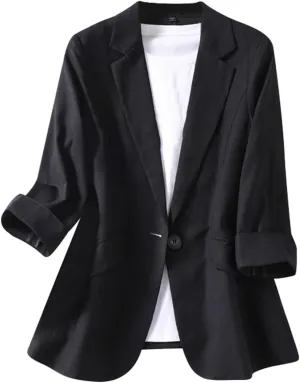 Linen Blazer Women Casual Solid 3/4 Sleeve Suit Blazer Notch Lapel One Button Suit Coat Jackets Loose Casual Blazers
