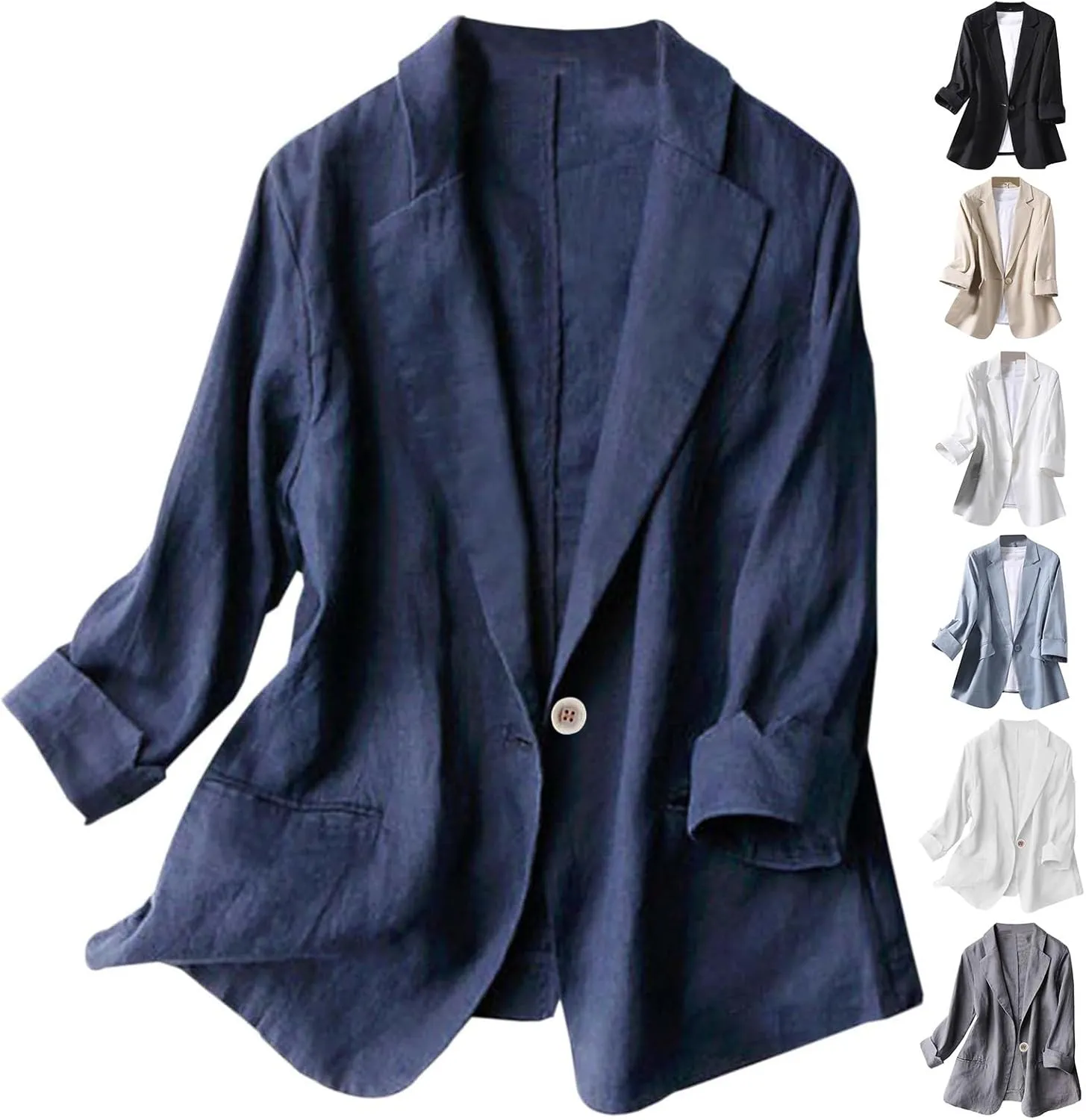 Linen Blazer Women Casual Solid 3/4 Sleeve Suit Blazer Notch Lapel One Button Suit Coat Jackets Loose Casual Blazers