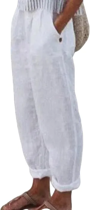 Linen Boho Harem Pants for Women Summer Wide Leg Loose Capris Pants Elastic Waist Trousers with Pocket