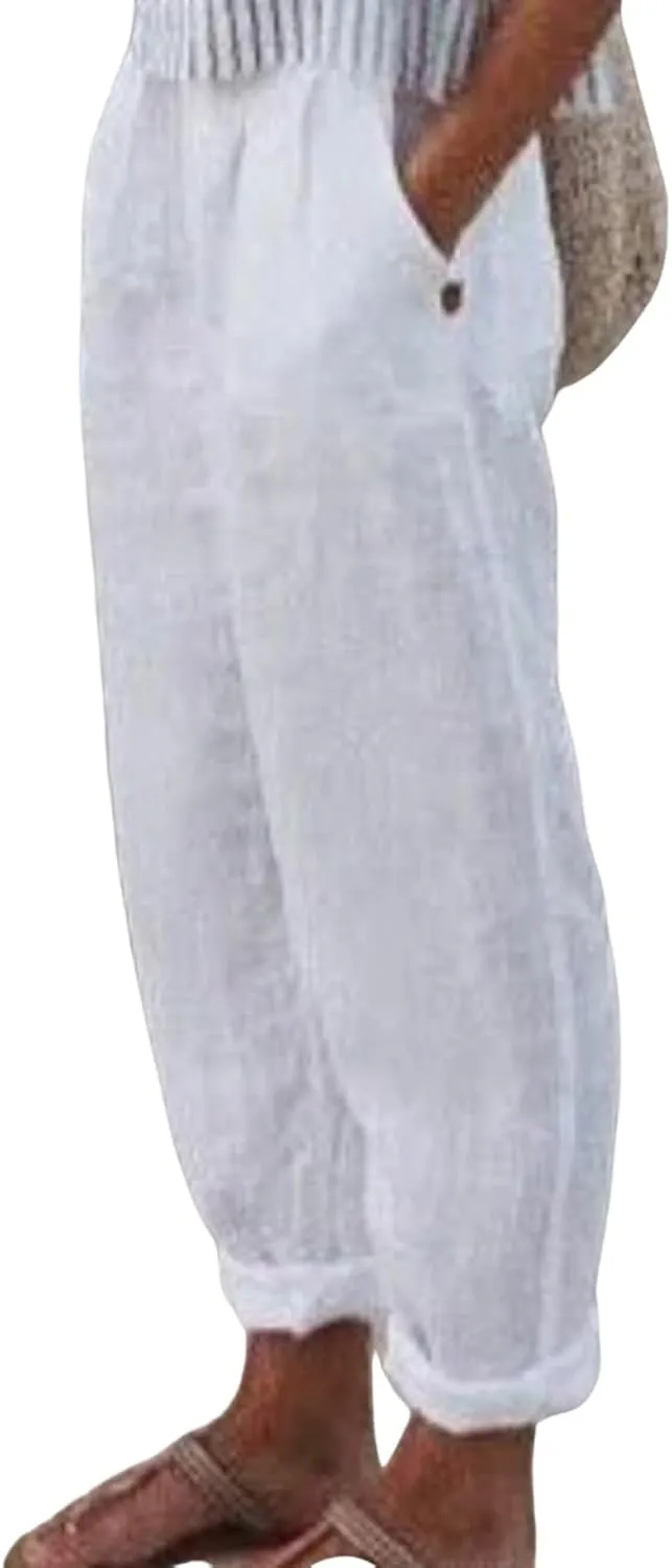 Linen Boho Harem Pants for Women Summer Wide Leg Loose Capris Pants Elastic Waist Trousers with Pocket