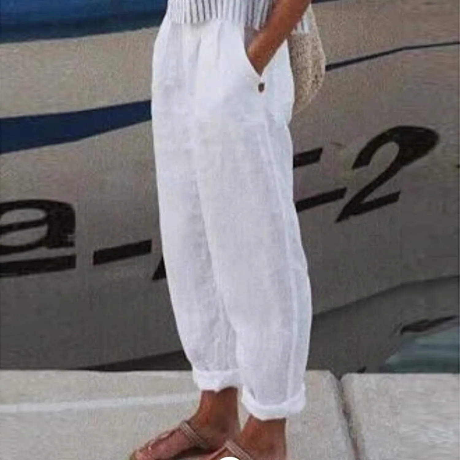 Linen Boho Harem Pants for Women Summer Wide Leg Loose Capris Pants Elastic Waist Trousers with Pocket