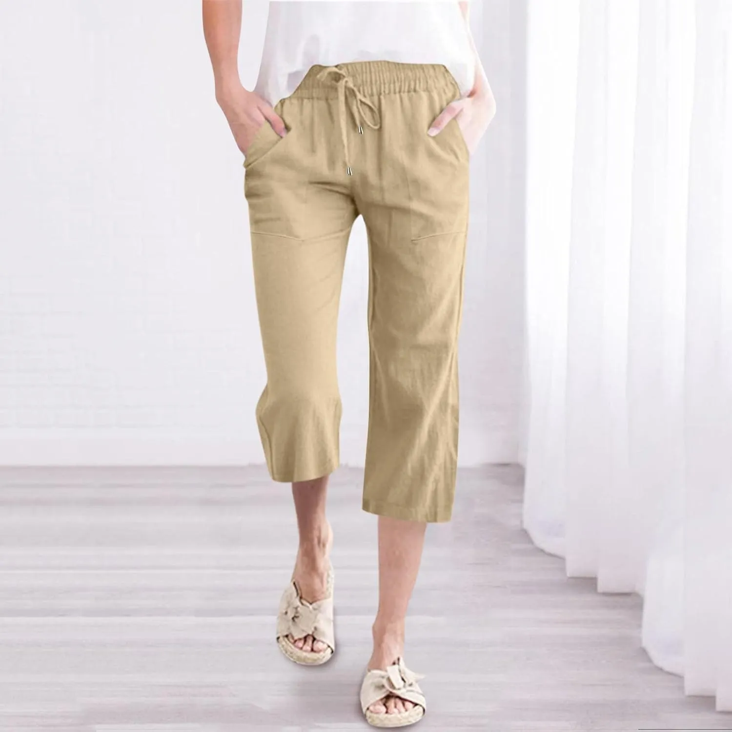Linen Capri Pants for Women Drawstring Elastic High Waist Wide Leg Pants 2025 Summer Straight Leg Cropped Trousers
