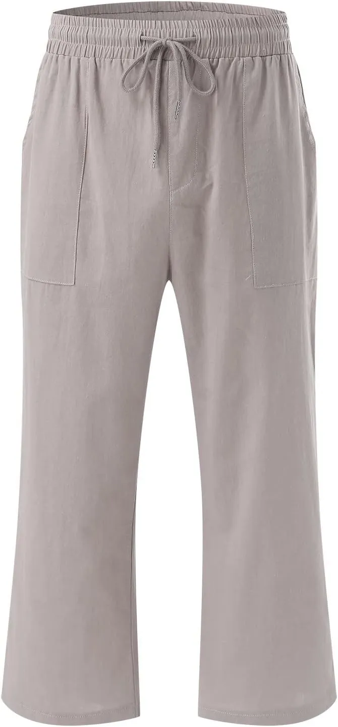 Linen Capri Pants for Women Drawstring Elastic High Waist Wide Leg Pants 2025 Summer Straight Leg Cropped Trousers