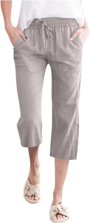 Linen Capri Pants for Women Drawstring Elastic High Waist Wide Leg Pants 2025 Summer Straight Leg Cropped Trousers