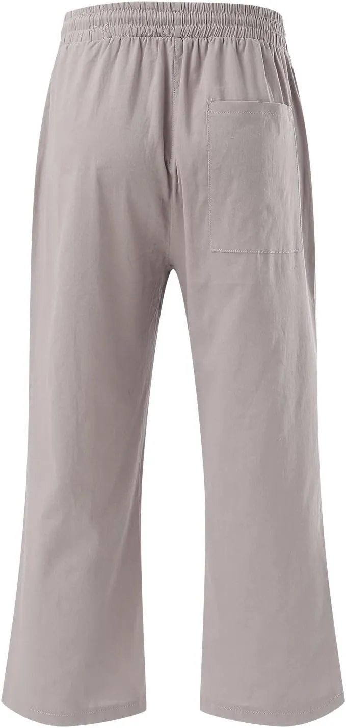 Linen Capri Pants for Women Drawstring Elastic High Waist Wide Leg Pants 2025 Summer Straight Leg Cropped Trousers