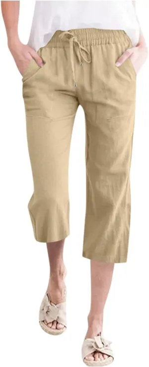 Linen Capri Pants for Women Drawstring Elastic High Waist Wide Leg Pants 2025 Summer Straight Leg Cropped Trousers