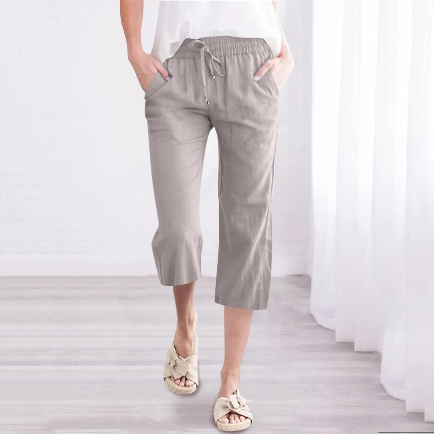 Linen Capri Pants for Women Drawstring Elastic High Waist Wide Leg Pants 2025 Summer Straight Leg Cropped Trousers