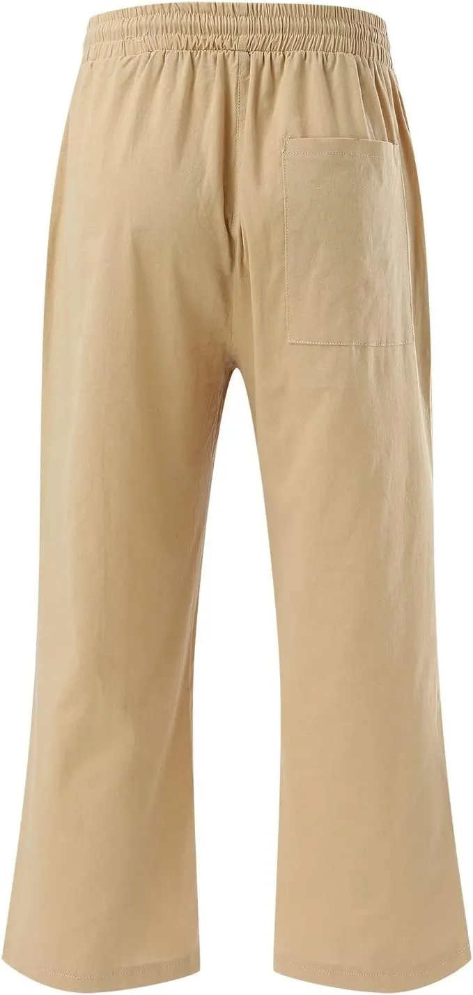 Linen Capri Pants for Women Drawstring Elastic High Waist Wide Leg Pants 2025 Summer Straight Leg Cropped Trousers