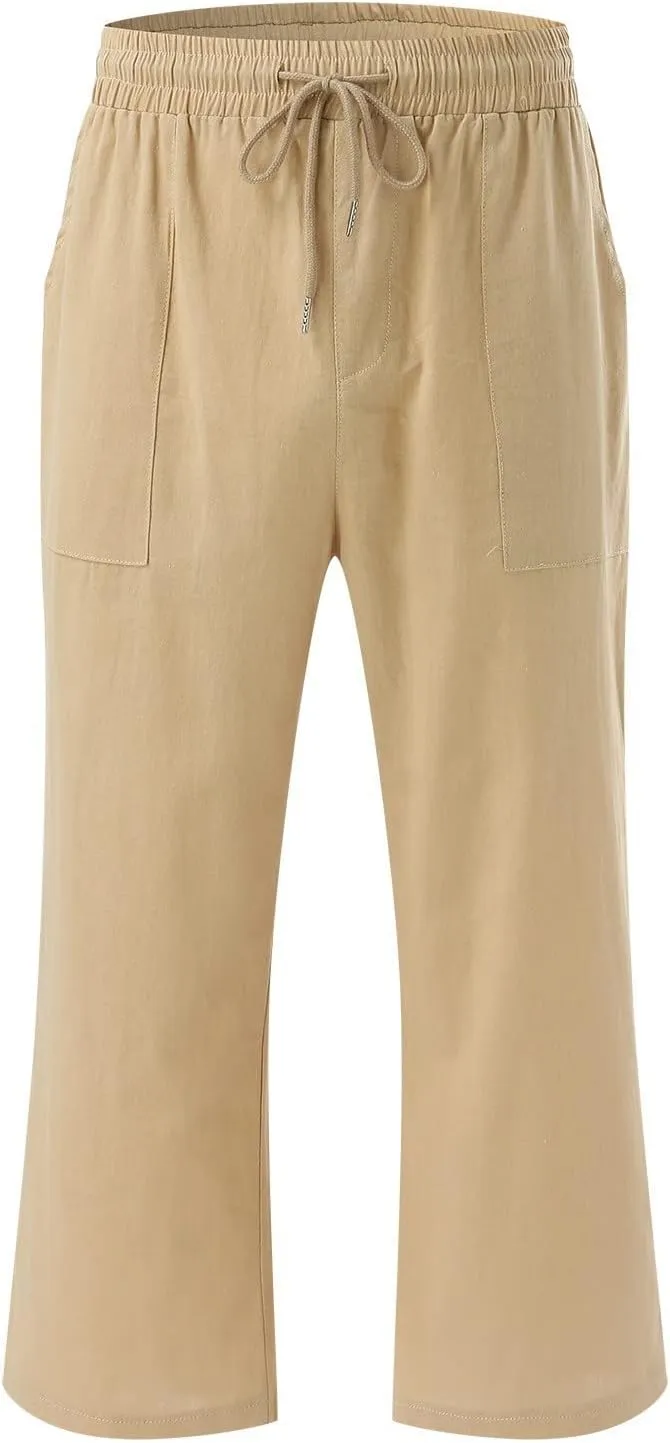 Linen Capri Pants for Women Drawstring Elastic High Waist Wide Leg Pants 2025 Summer Straight Leg Cropped Trousers