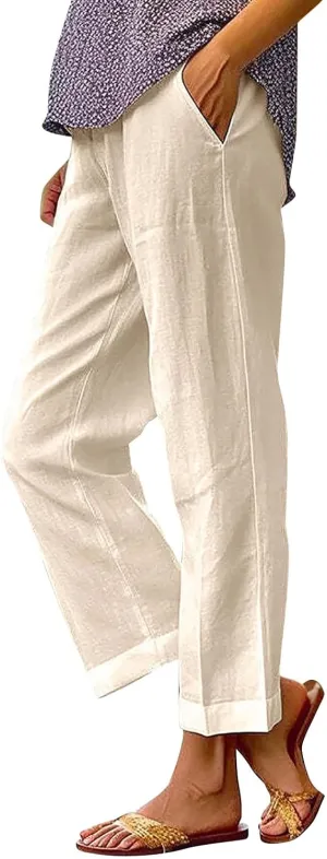 Linen Capri Pants for Women High Waisted Wide Leg Lounge Pant Comfy Soft Trousers Boho Beach Baggy Capris Casual Resort Wear