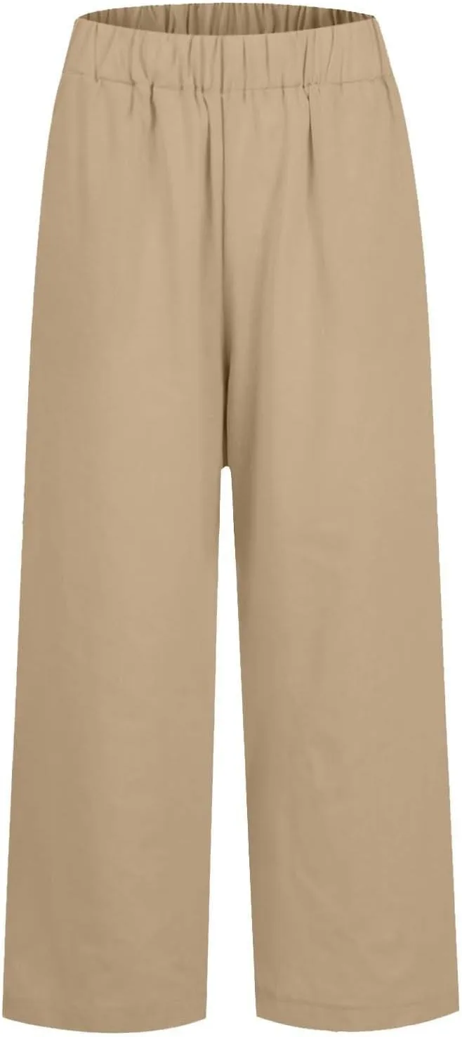 Linen Capri Pants for Women High Waisted Wide Leg Lounge Pant Comfy Soft Trousers Boho Beach Baggy Capris Casual Resort Wear
