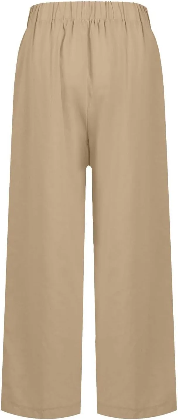 Linen Capri Pants for Women High Waisted Wide Leg Lounge Pant Comfy Soft Trousers Boho Beach Baggy Capris Casual Resort Wear