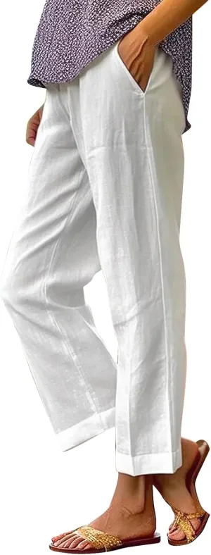 Linen Capri Pants for Women High Waisted Wide Leg Lounge Pant Comfy Soft Trousers Boho Beach Baggy Capris Casual Resort Wear