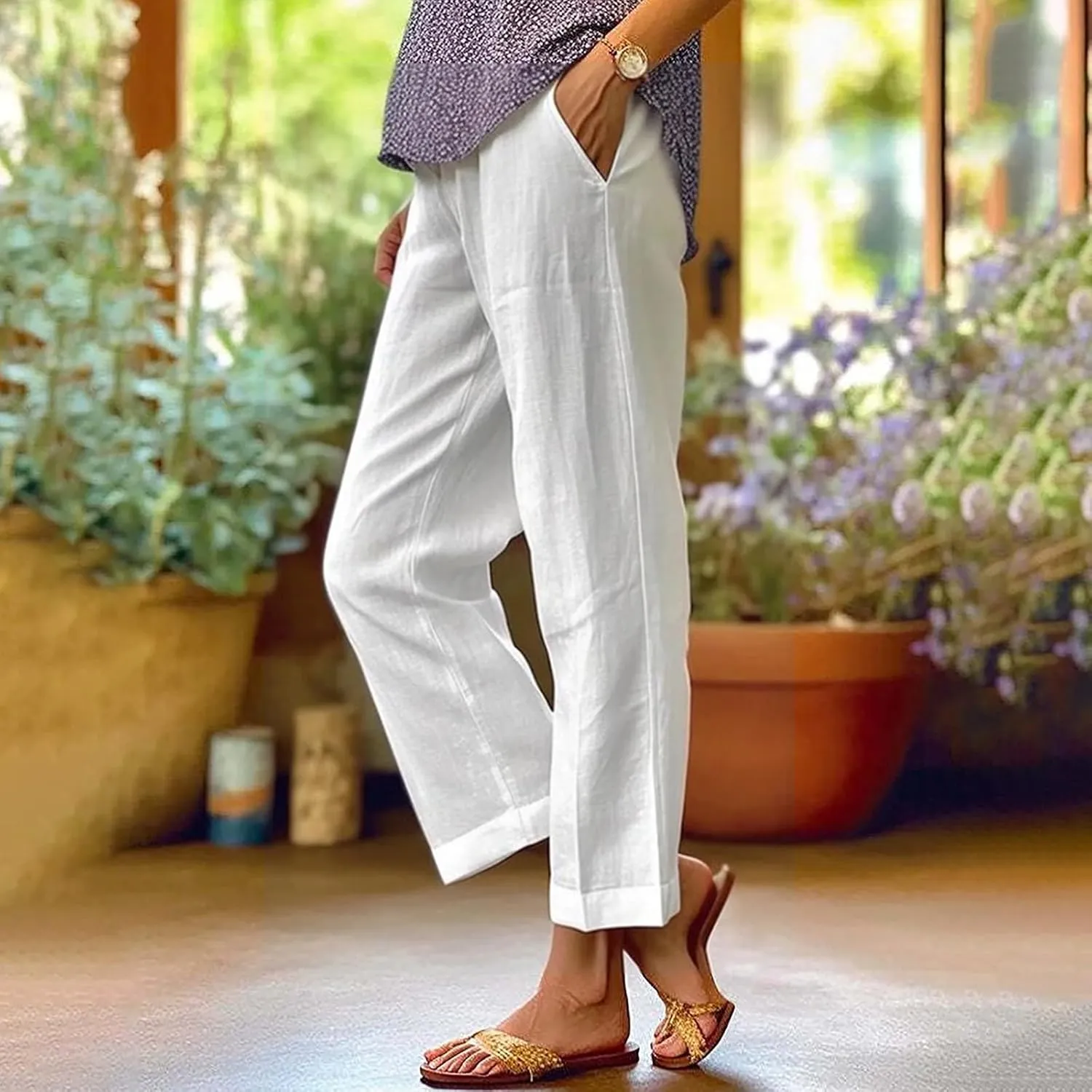 Linen Capri Pants for Women High Waisted Wide Leg Lounge Pant Comfy Soft Trousers Boho Beach Baggy Capris Casual Resort Wear