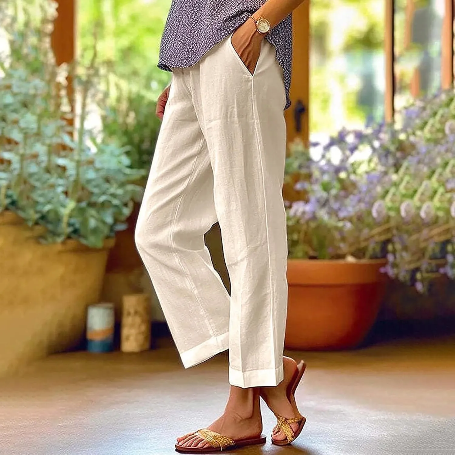 Linen Capri Pants for Women High Waisted Wide Leg Lounge Pant Comfy Soft Trousers Boho Beach Baggy Capris Casual Resort Wear
