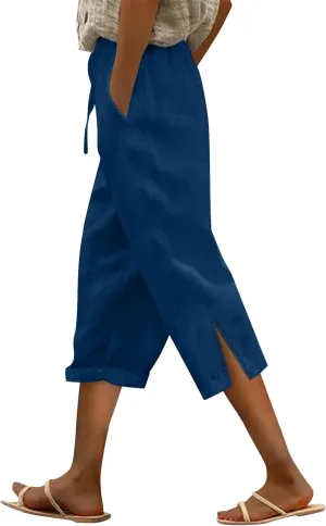 Linen Capri Pants for Women Plus Size Elastic High Waist Drawstring Cropped Pants Side Button Split Summer Trousers