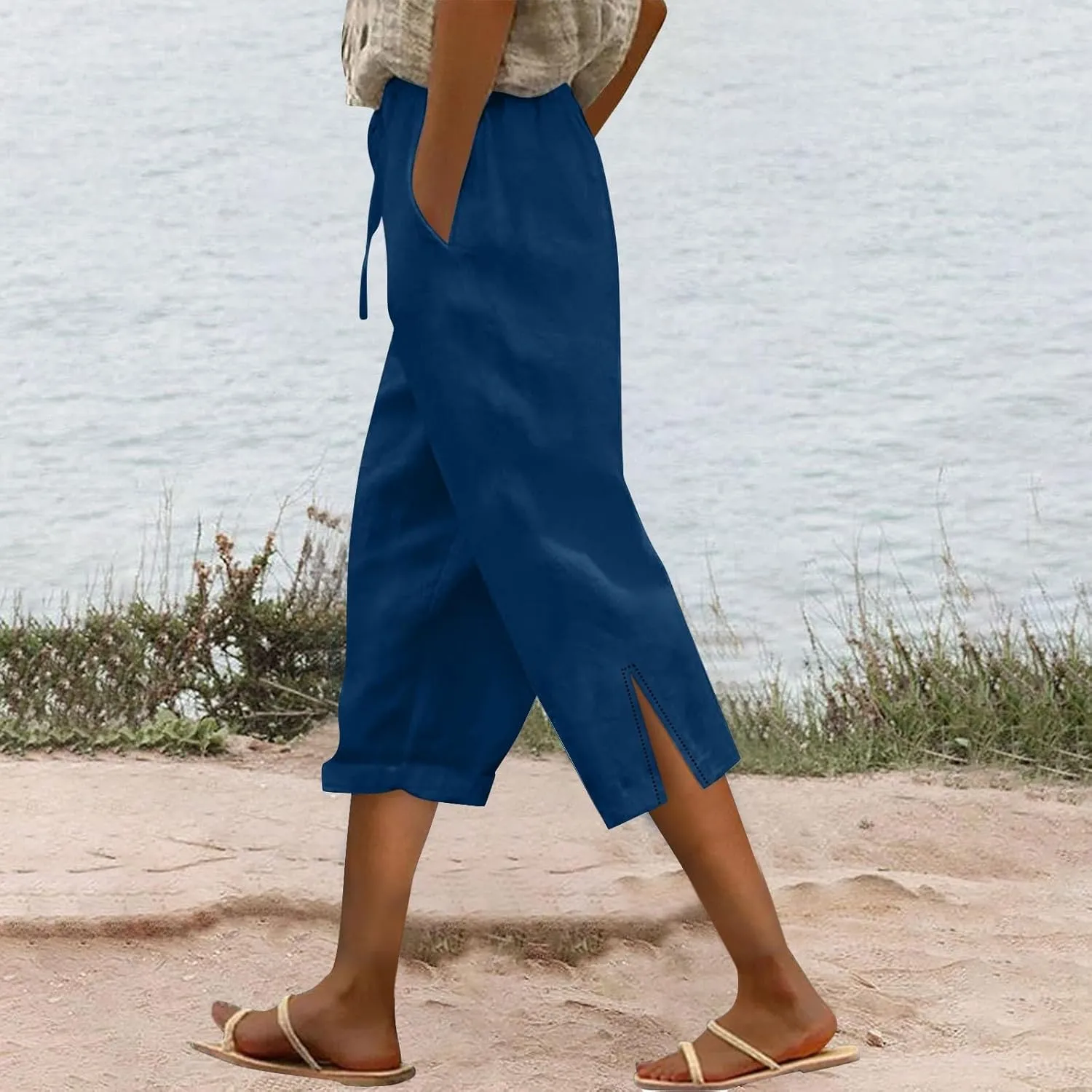 Linen Capri Pants for Women Plus Size Elastic High Waist Drawstring Cropped Pants Side Button Split Summer Trousers
